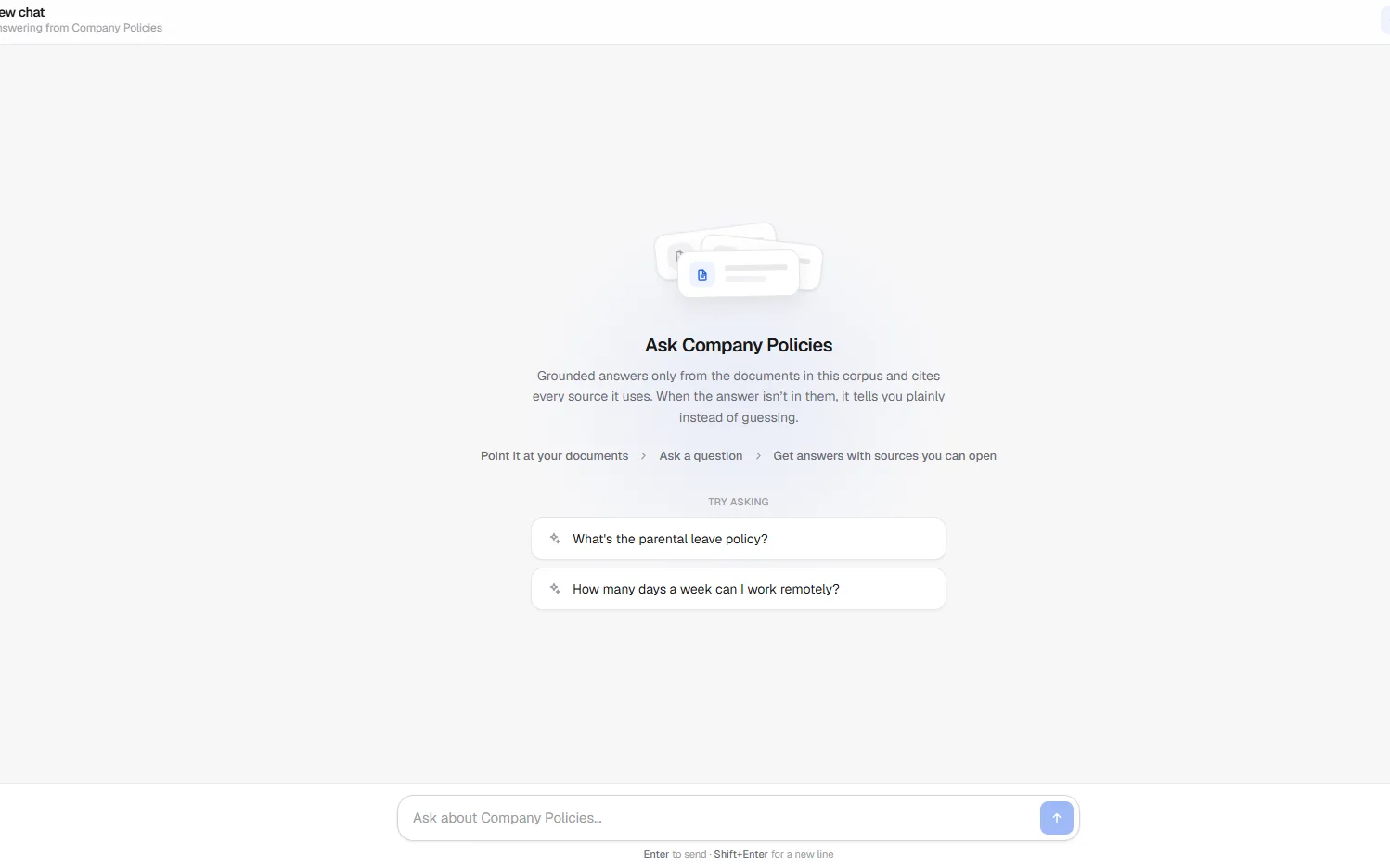 Grounded's chat view for a Company Policies corpus, promising answers grounded in the documents with citations