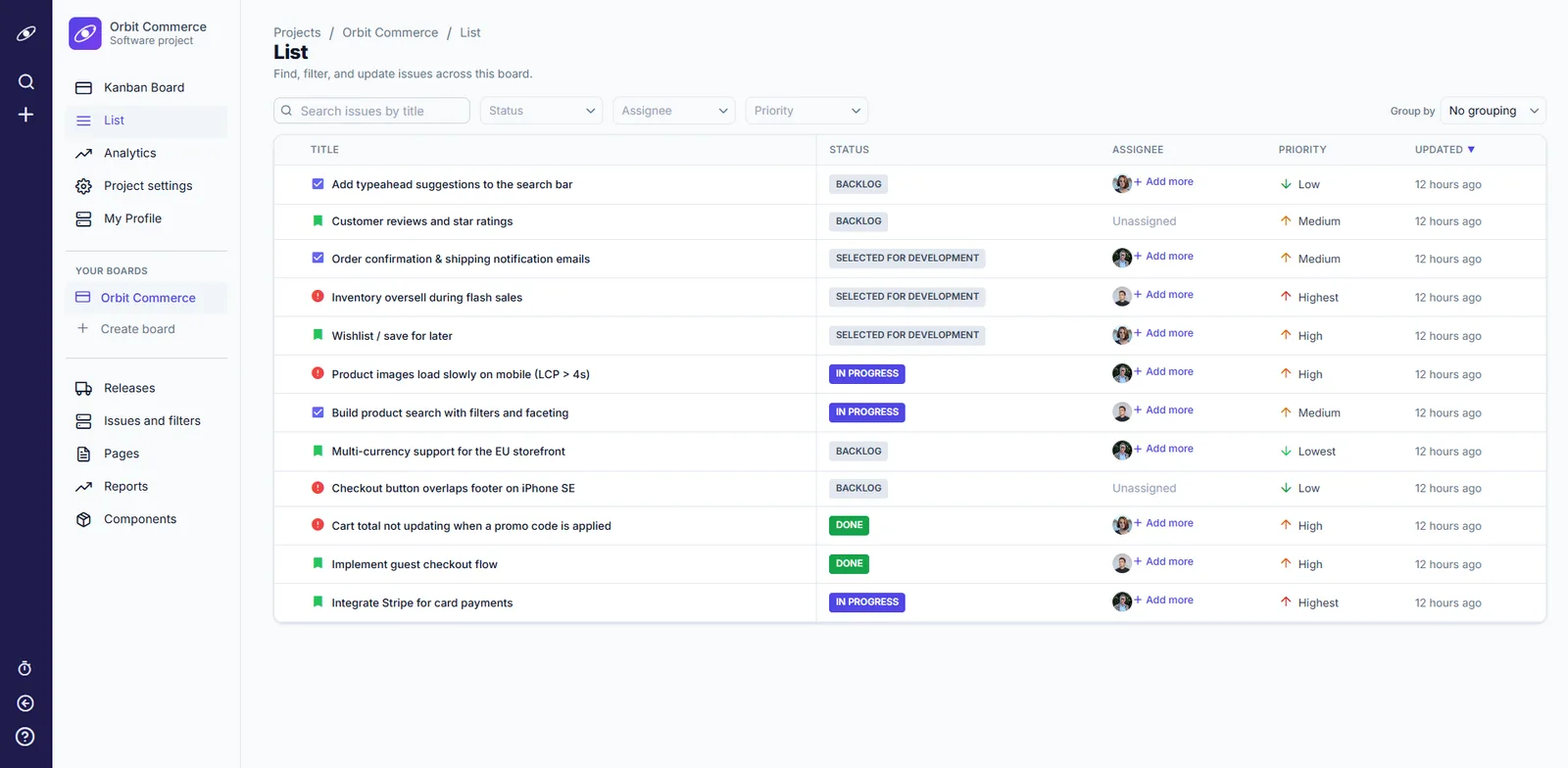 Orbit's list view: issues in a dense table with status, assignee, priority, and filter controls