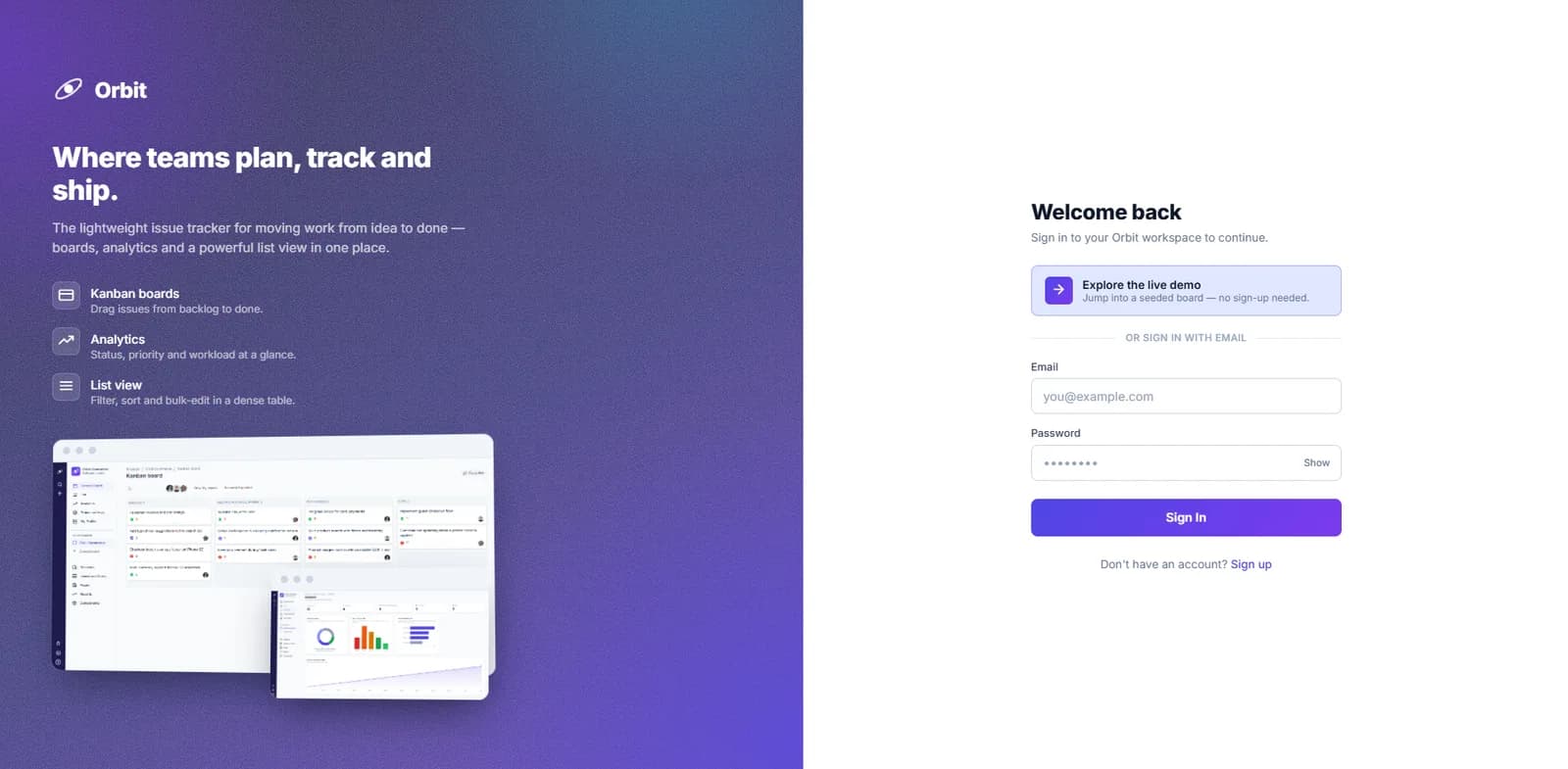 Orbit's sign-in page with a live-demo entry point beside the email form